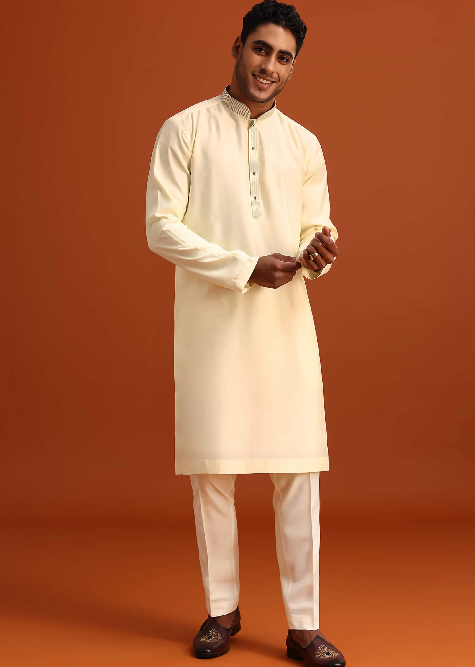 Ivory Plain Kurta Set With Hand Work Dupatta