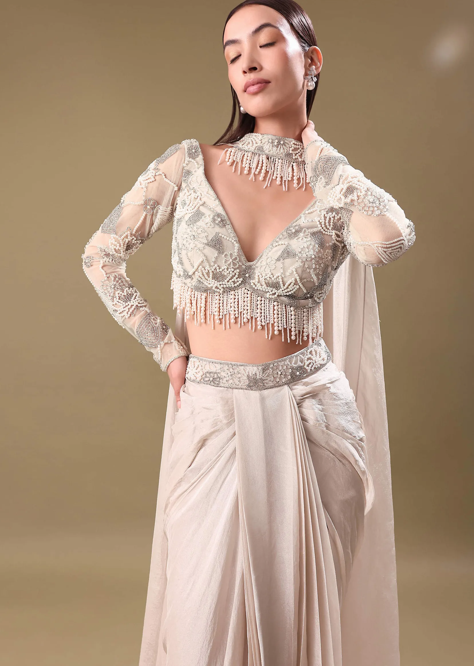 Ivory Pre Drape Tissue Skirt With Full Sleeve Blouse