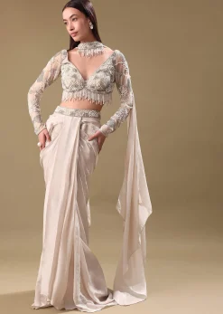 Ivory Pre Drape Tissue Skirt With Full Sleeve Blouse