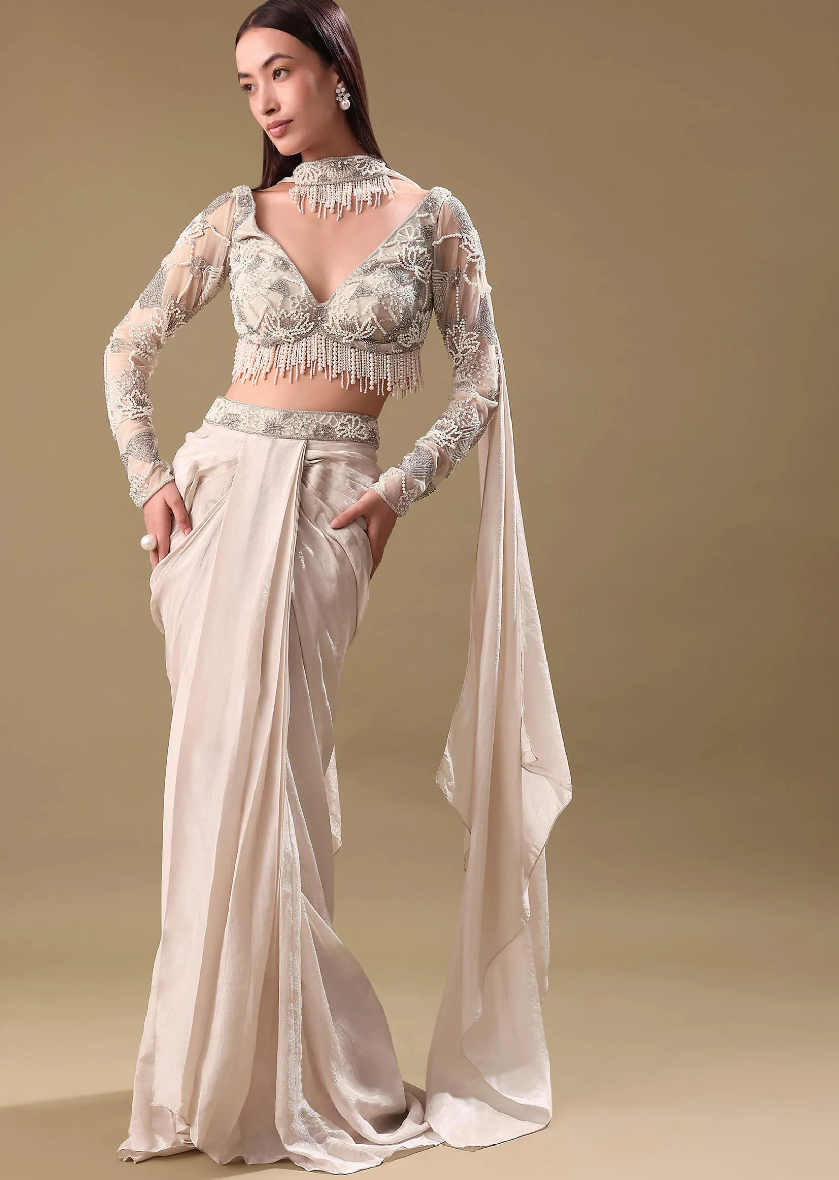 Ivory Pre Drape Tissue Skirt With Full Sleeve Blouse