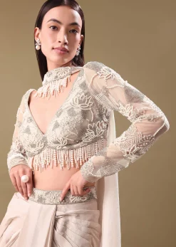 Ivory Pre Drape Tissue Skirt With Full Sleeve Blouse
