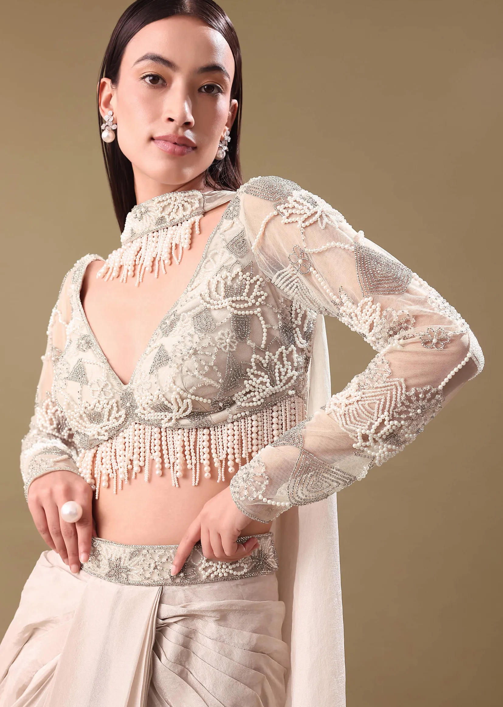 Ivory Pre Drape Tissue Skirt With Full Sleeve Blouse
