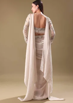 Ivory Pre Drape Tissue Skirt With Full Sleeve Blouse