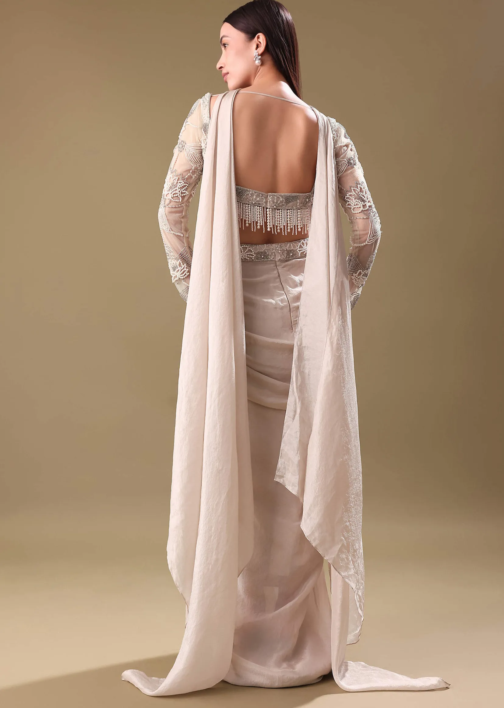 Ivory Pre Drape Tissue Skirt With Full Sleeve Blouse
