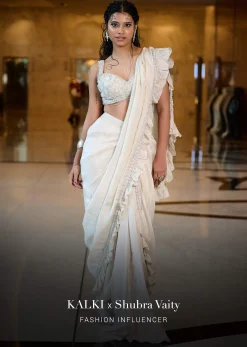 Ivory Pre Stitched Frill Tissue Saree With Blouse