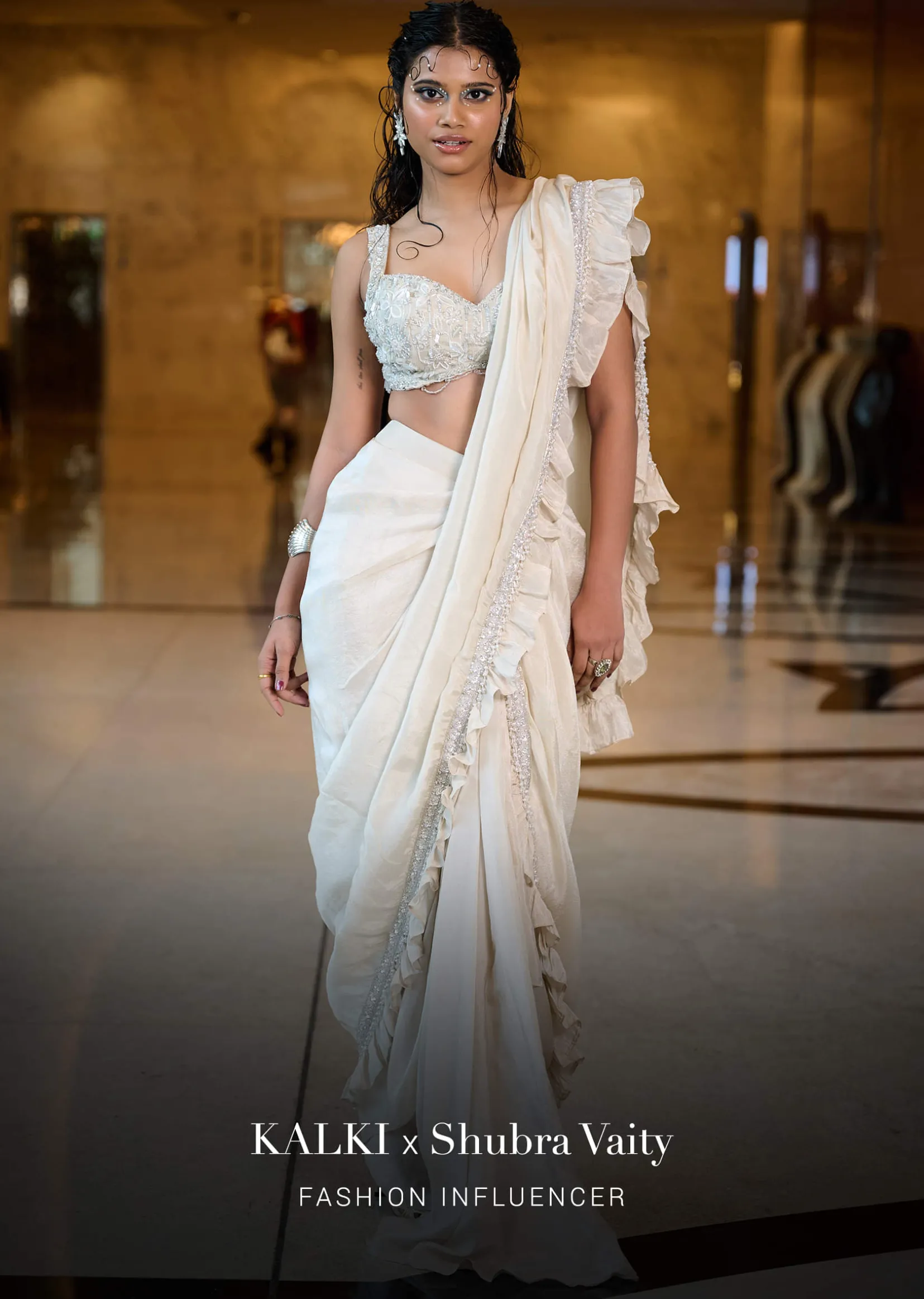 Ivory Pre Stitched Frill Tissue Saree With Blouse