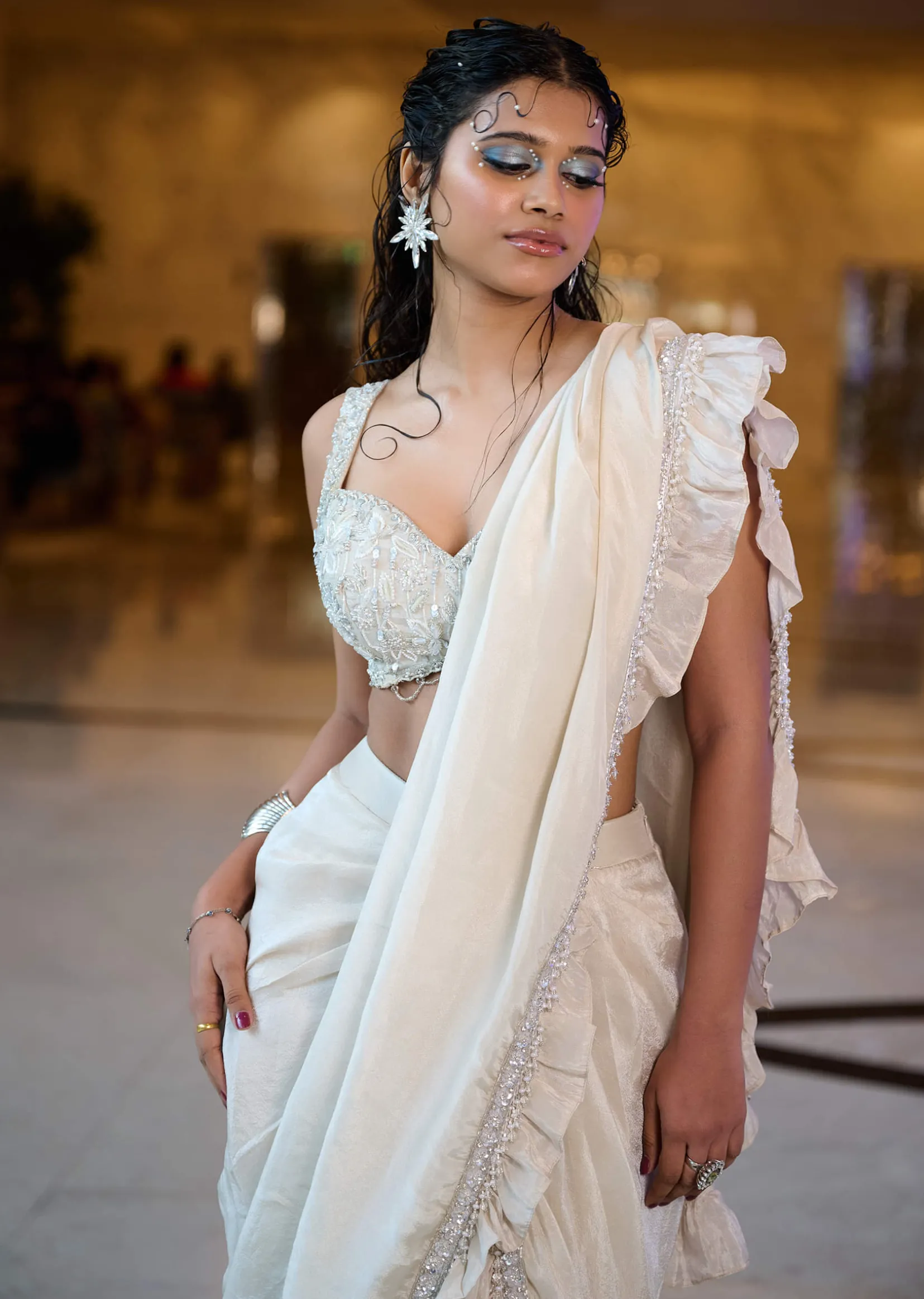 Ivory Pre Stitched Frill Tissue Saree With Blouse