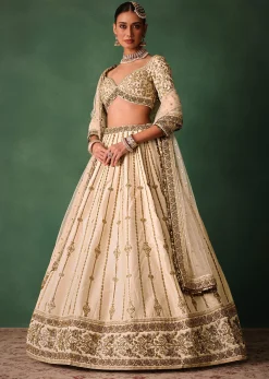 Ivory Raw Silk Hand Embroidered Lehenga Set With Net Dupatta