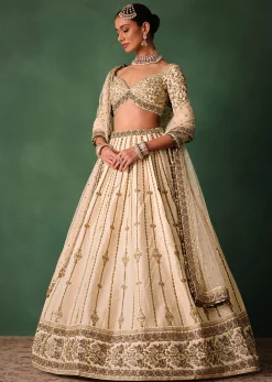 Ivory Raw Silk Hand Embroidered Lehenga Set With Net Dupatta