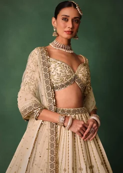 Ivory Raw Silk Hand Embroidered Lehenga Set With Net Dupatta