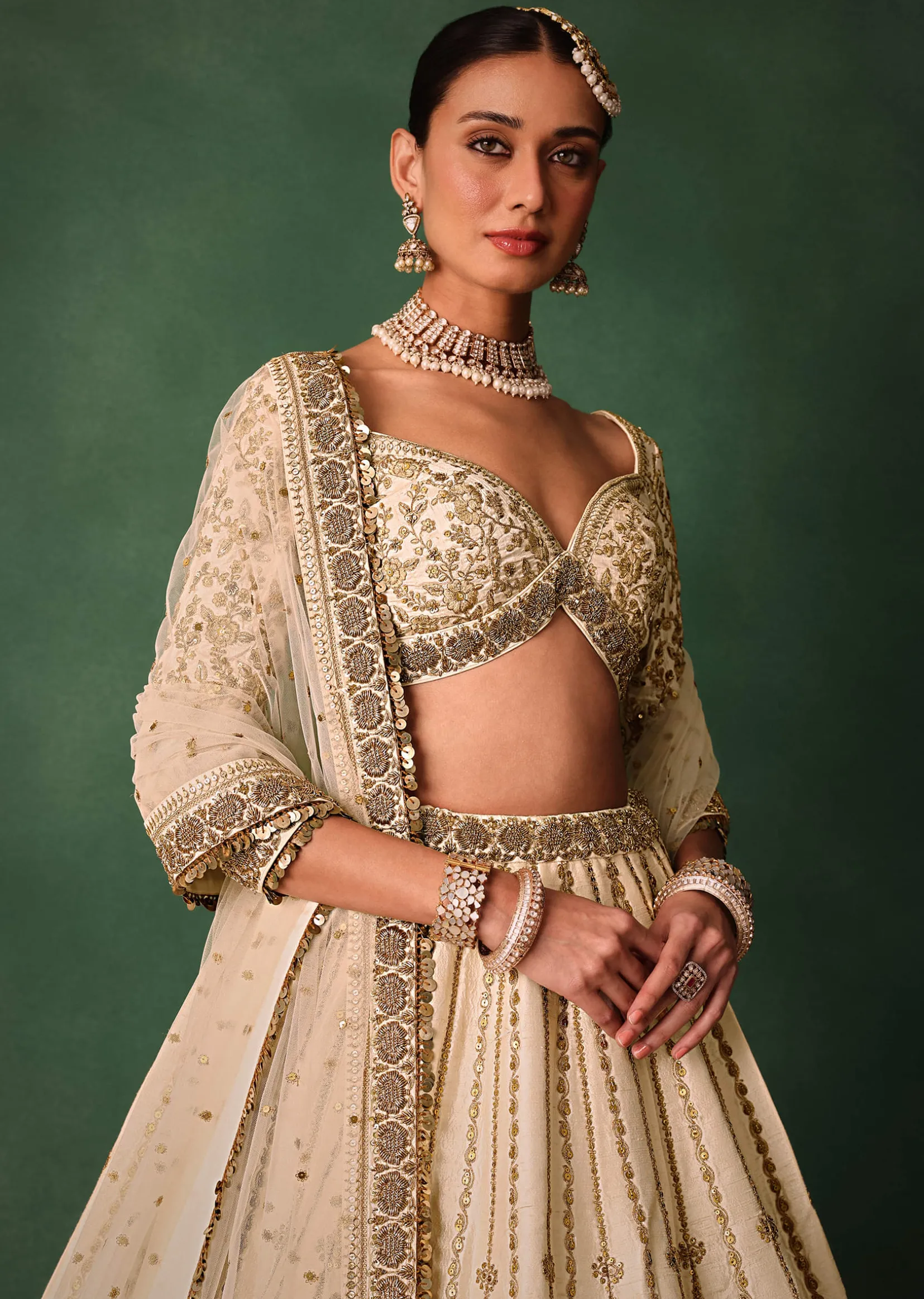 Ivory Raw Silk Hand Embroidered Lehenga Set With Net Dupatta