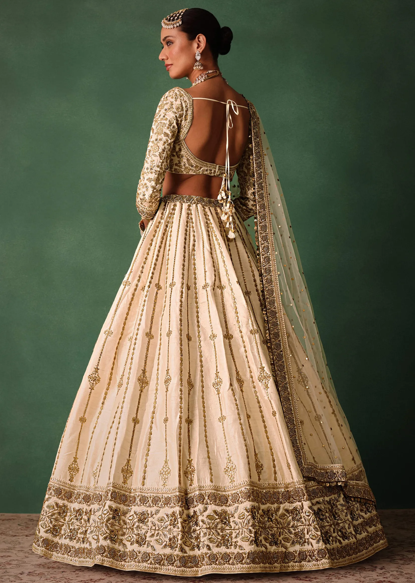 Ivory Raw Silk Hand Embroidered Lehenga Set With Net Dupatta