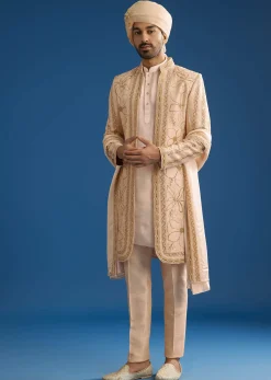Ivory Raw Silk Sherwani Set With Mixed Hand Work And Organza Satin Accents