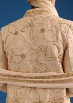 Ivory Raw Silk Sherwani Set With Mixed Hand Work And Organza Satin Accents