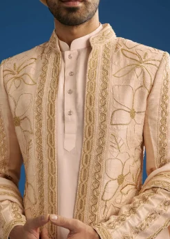 Ivory Raw Silk Sherwani Set With Mixed Hand Work And Organza Satin Accents