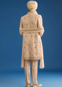 Ivory Raw Silk Sherwani Set With Mixed Hand Work And Organza Satin Accents