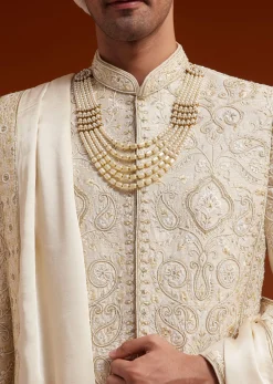Ivory Sherwani Set With Zardosi And Butti Work
