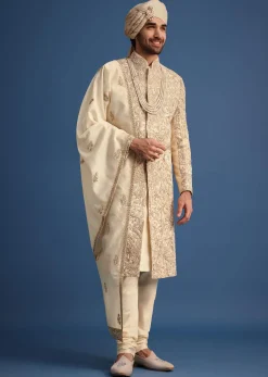 Ivory Sherwani Suit With Beads And Zari Work