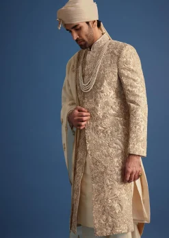 Ivory Sherwani Suit With Beads And Zari Work