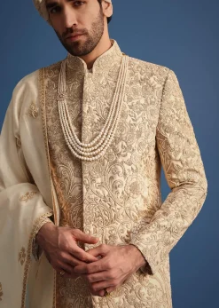 Ivory Sherwani Suit With Beads And Zari Work