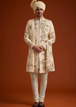 Ivory Sherwani With Multicolored Floral Embroidery