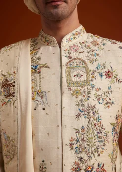 Ivory Sherwani With Multicolored Floral Embroidery