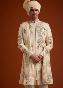 Ivory Sherwani With Multicolored Floral Embroidery
