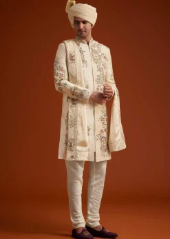 Ivory Sherwani With Multicolored Floral Embroidery