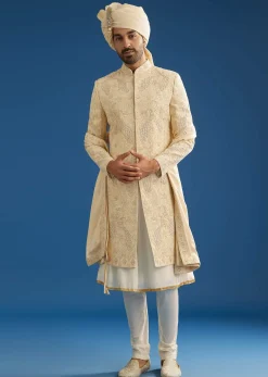 Ivory Silk Groom Sherwani Set With Dori And Zardosi Embroidery
