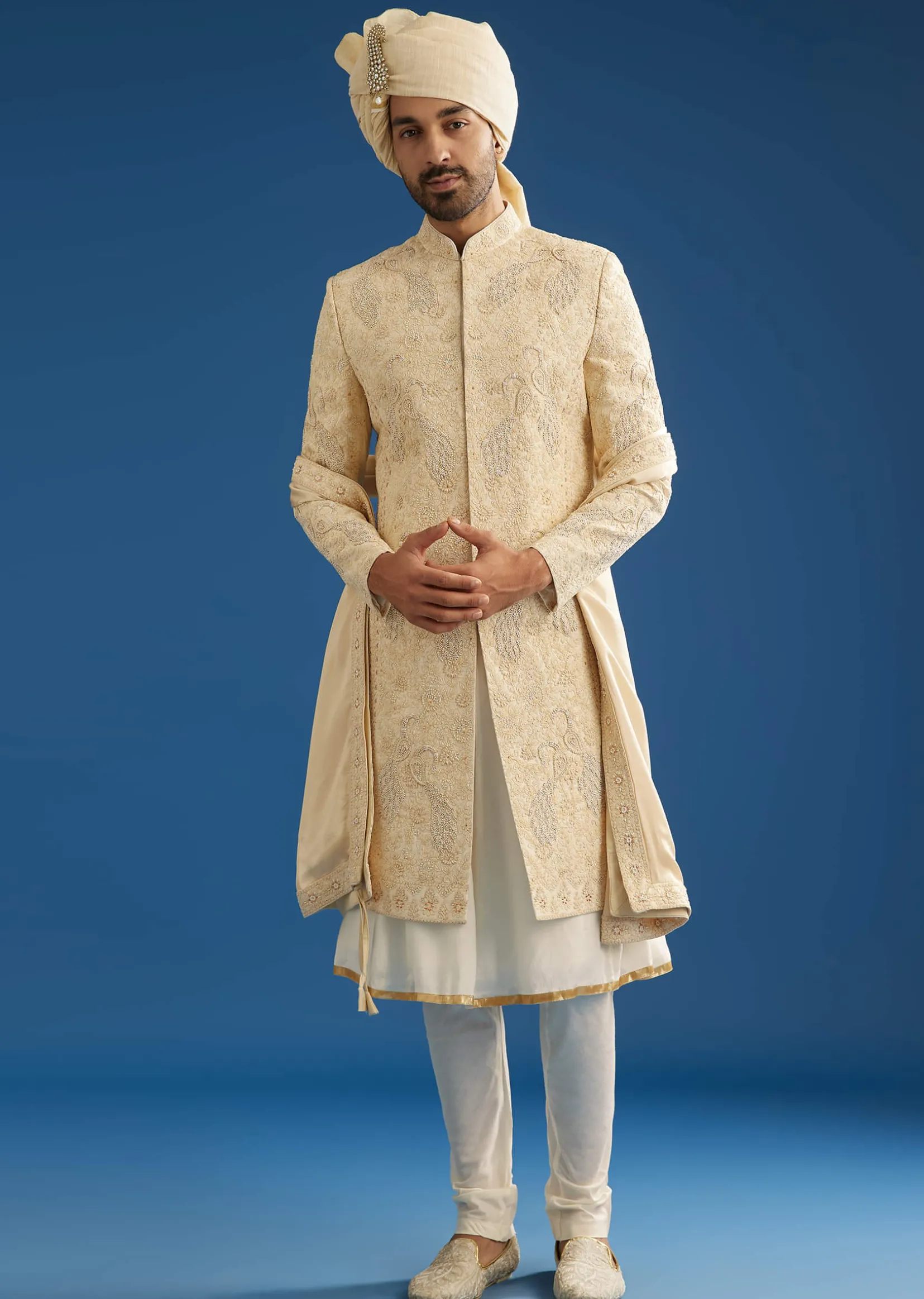 Ivory Silk Groom Sherwani Set With Dori And Zardosi Embroidery
