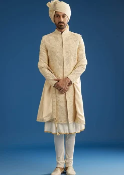 Ivory Silk Groom Sherwani Set With Dori And Zardosi Embroidery