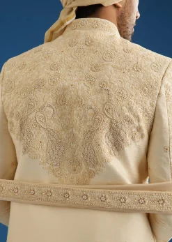 Ivory Silk Groom Sherwani Set With Dori And Zardosi Embroidery