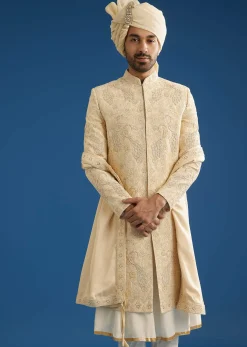 Ivory Silk Groom Sherwani Set With Dori And Zardosi Embroidery