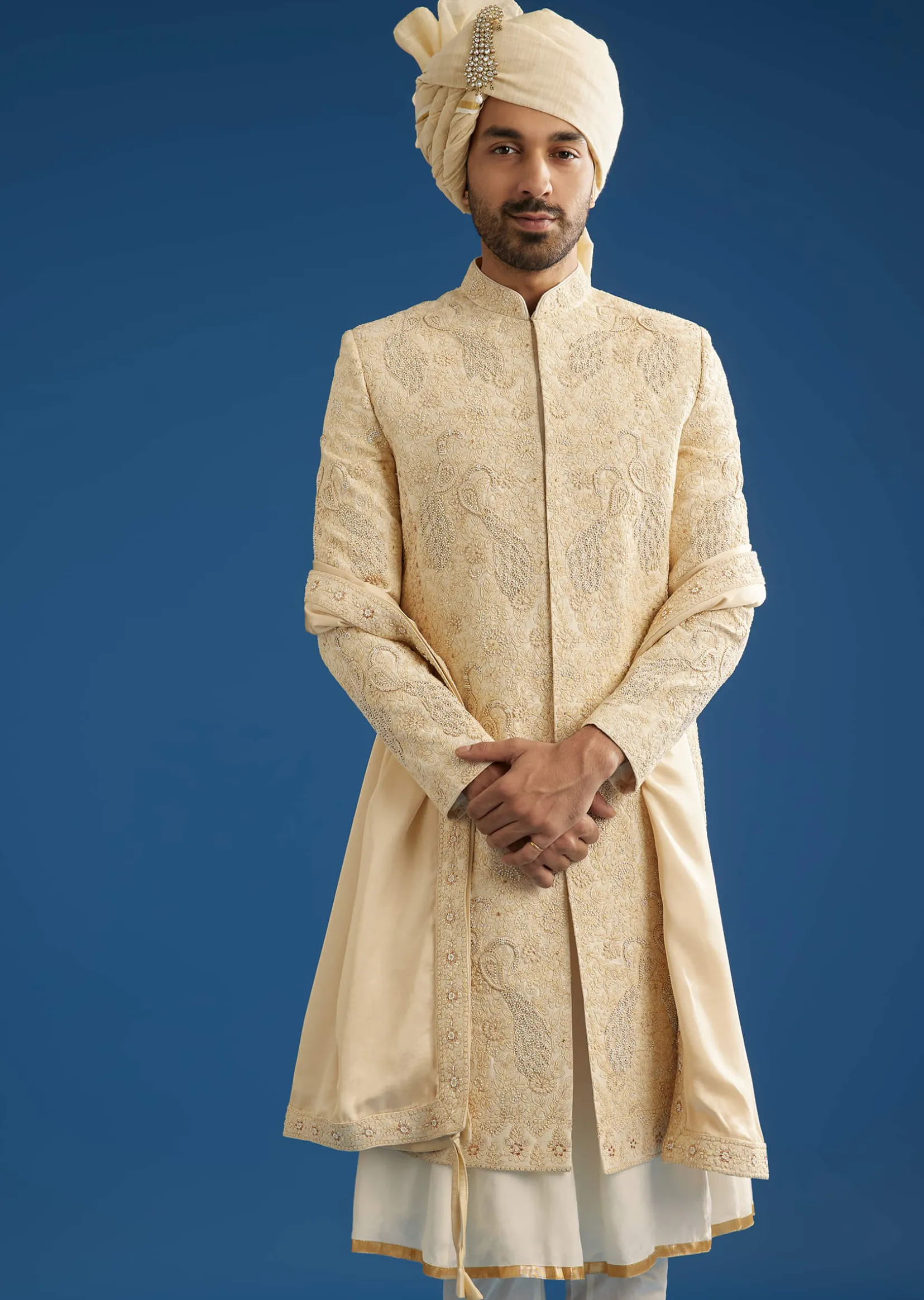 Ivory Silk Groom Sherwani Set With Dori And Zardosi Embroidery