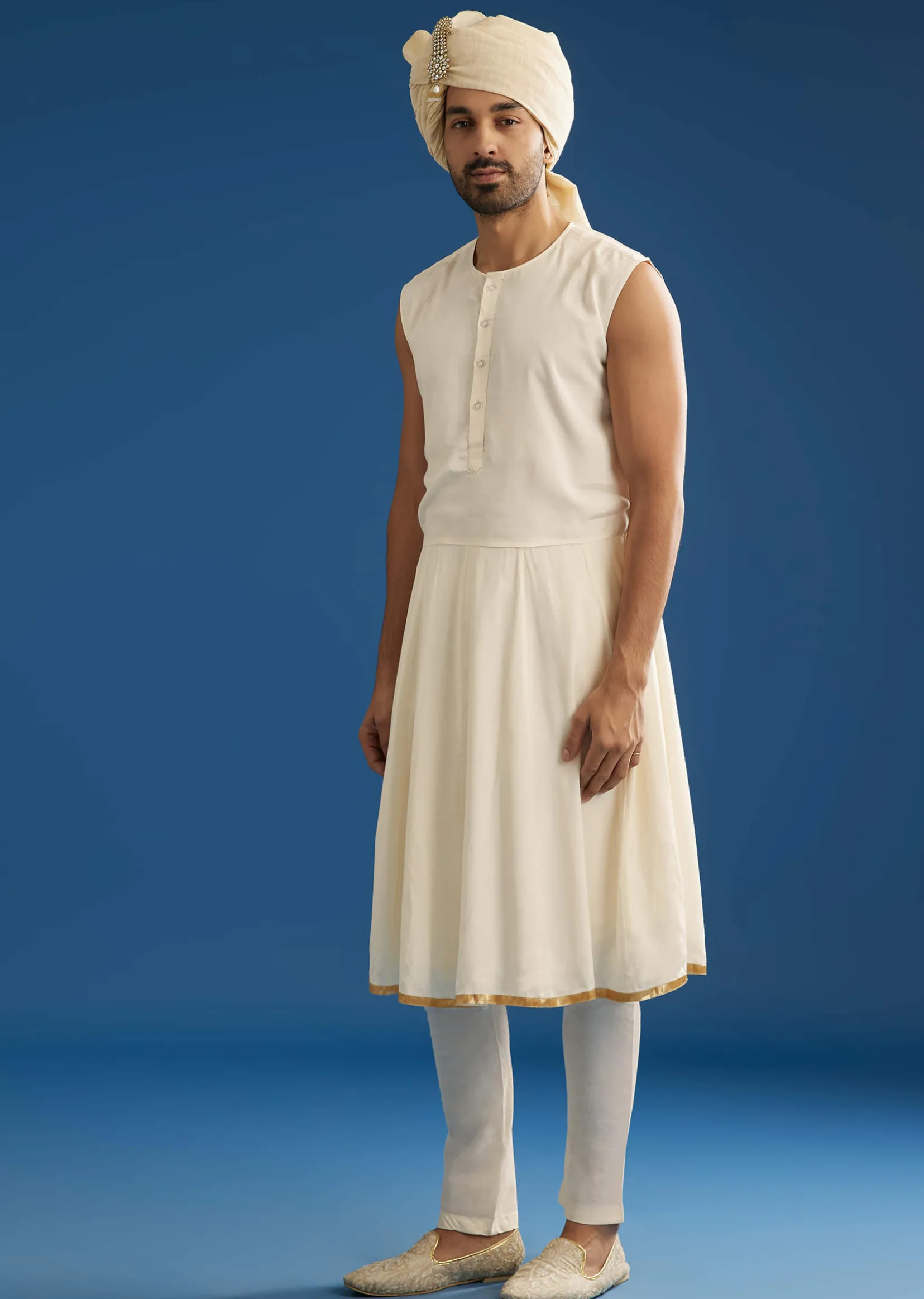 Ivory Silk Groom Sherwani Set With Dori And Zardosi Embroidery