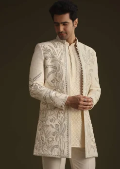 Ivory Silk Indo Western Set With Zardosi Work
