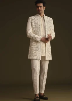 Ivory Silk Indo Western Set With Zardosi Work