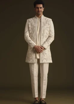 Ivory Silk Indo Western Set With Zardosi Work