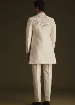 Ivory Silk Indo Western Set With Zardosi Work
