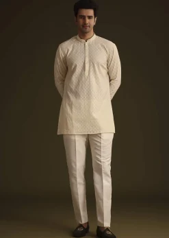 Ivory Silk Indo Western Set With Zardosi Work