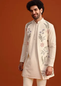 Ivory Silk Jacket And Kurta Set With Resham Work