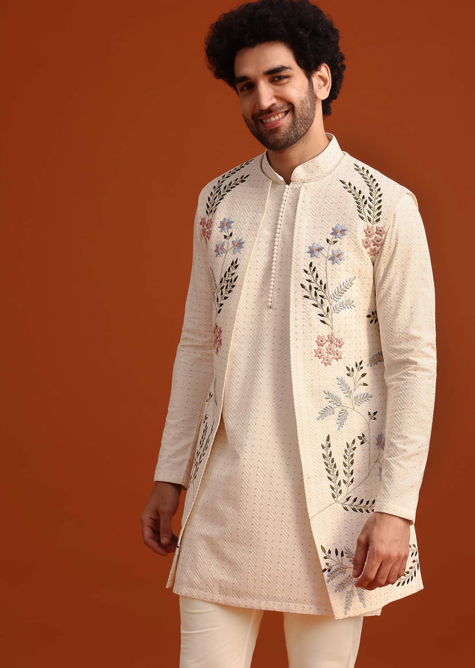Ivory Silk Jacket And Kurta Set With Resham Work
