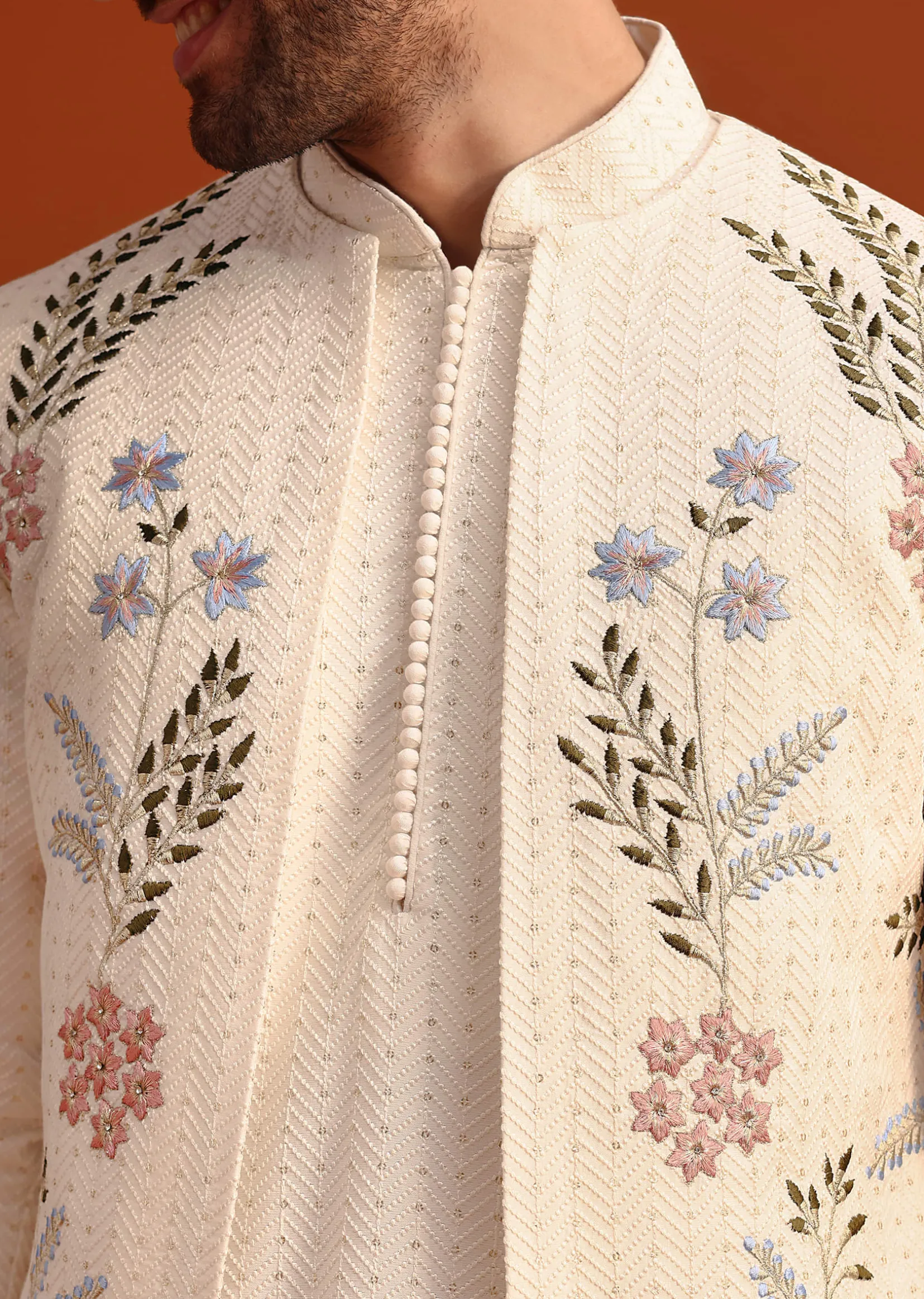 Ivory Silk Jacket And Kurta Set With Resham Work