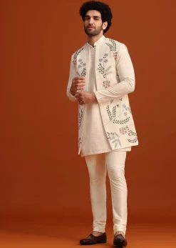 Ivory Silk Jacket And Kurta Set With Resham Work