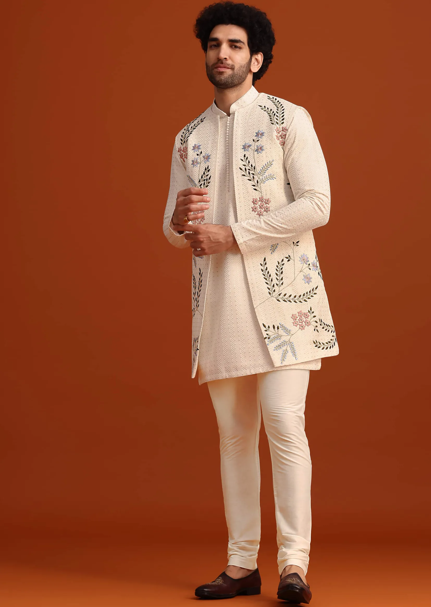 Ivory Silk Jacket And Kurta Set With Resham Work
