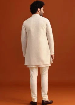 Ivory Silk Jacket And Kurta Set With Resham Work