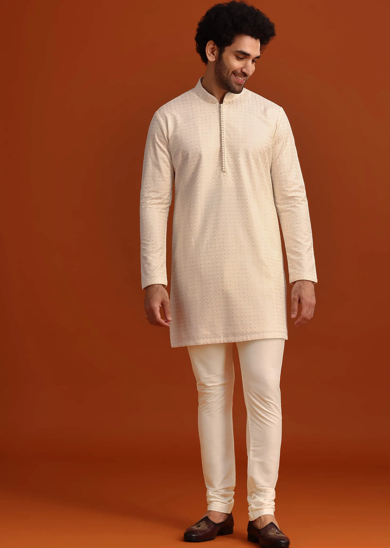 Ivory Silk Jacket And Kurta Set With Resham Work