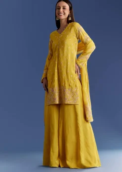 Ivory Silk Kurta Set With appliqua Organza Dupatta