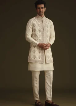 Ivory Silk Long Jacket Set With Resham And Mirror Work