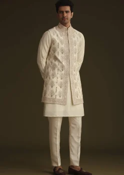 Ivory Silk Long Jacket Set With Resham And Mirror Work